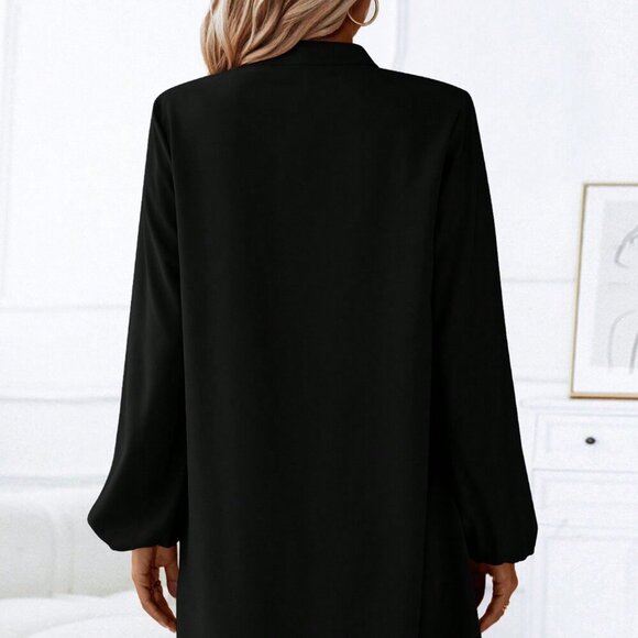 Black Casual Women's Button Front Lantern Sleeve Dress - Picture 2 of 7